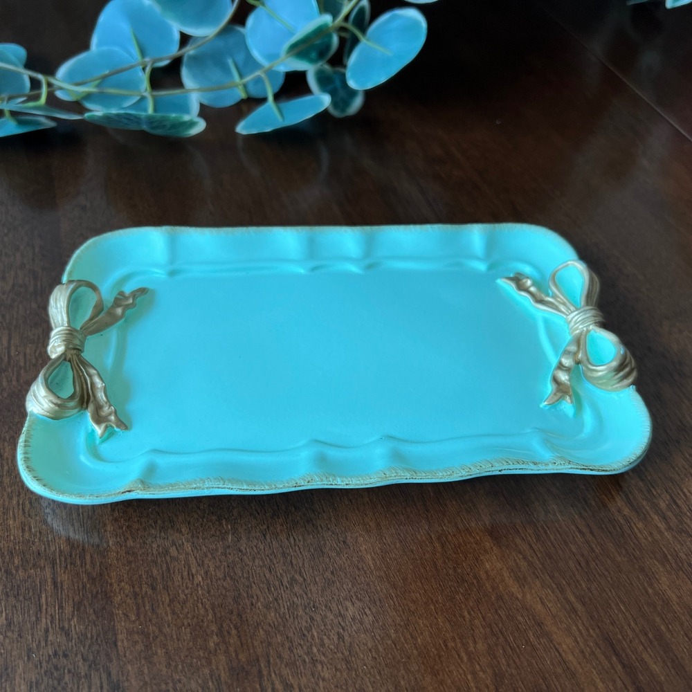 Trinket Tray Turquoise Gold Bow Scalloped Resin Vanity Dish